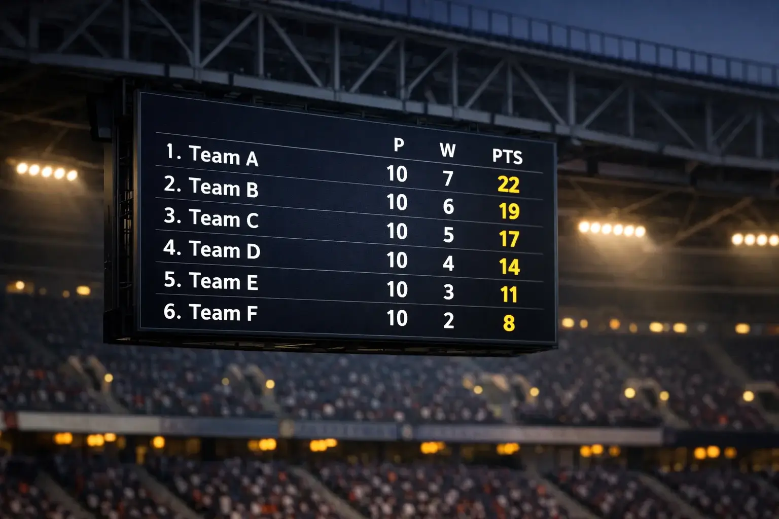 Voetbalstadion scorebord met Champions League competitiefase stand en ranglijst