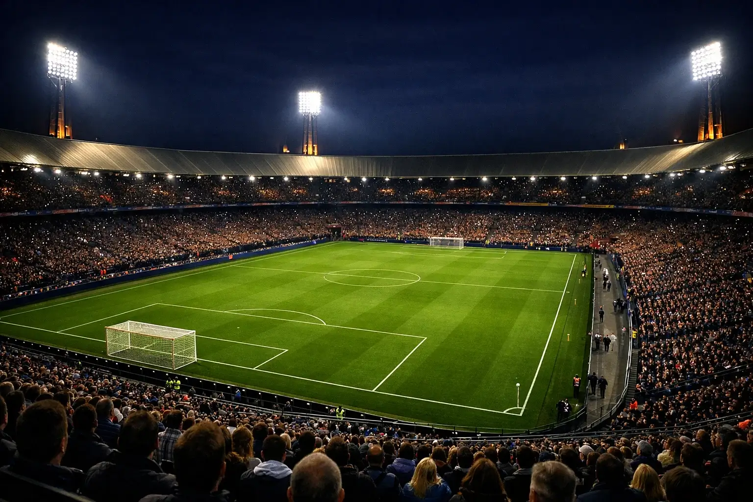 Champions League stadion met verlicht voetbalveld tijdens een Europese avondwedstrijd