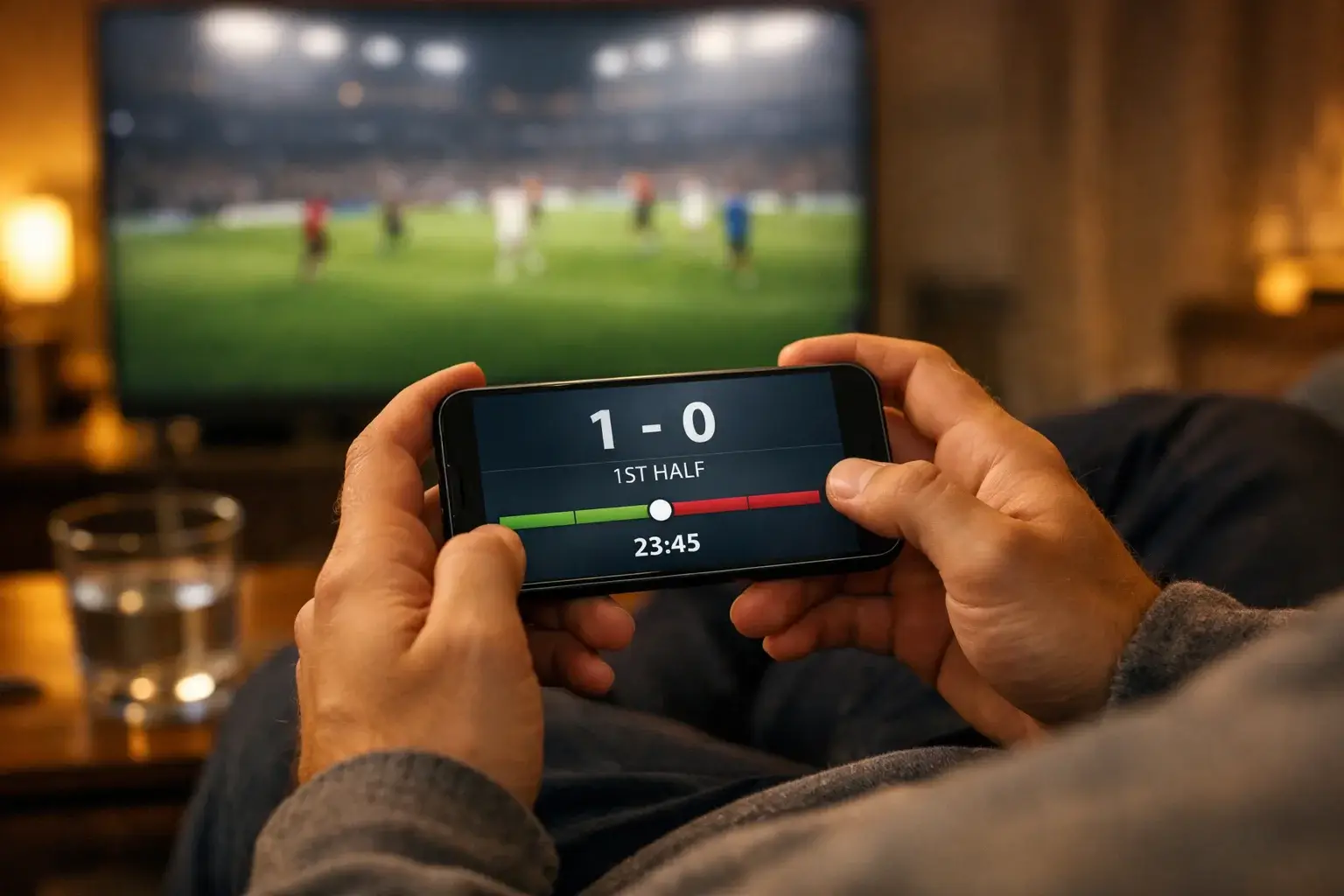 Persoon bekijkt live Champions League wedstrijdstatistieken op een smartphone in een huiskamer met de wedstrijd op televisie