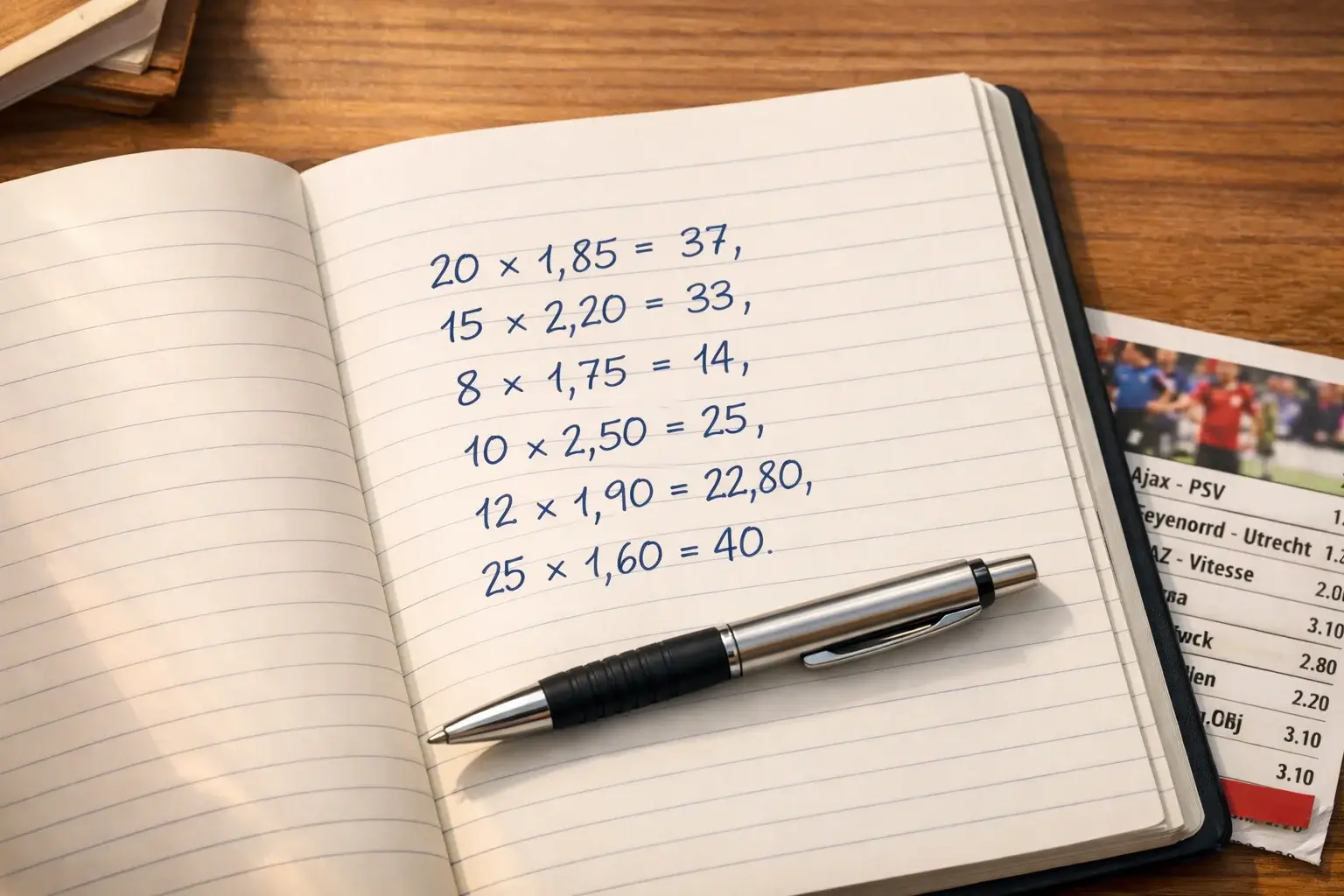 Notitieblok met handgeschreven berekeningen van decimale odds en uitbetalingen voor voetbalweddenschappen