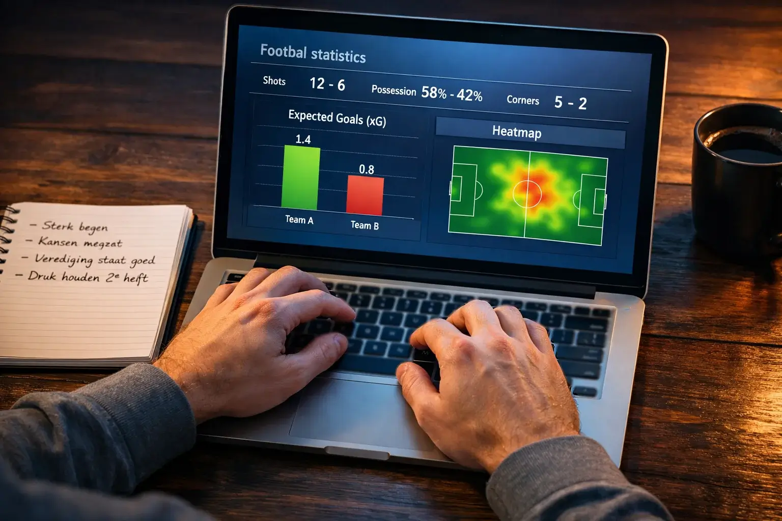 Laptop met voetbalstatistieken en xG-data op een bureau naast een notitieboek met wedstrategie-aantekeningen