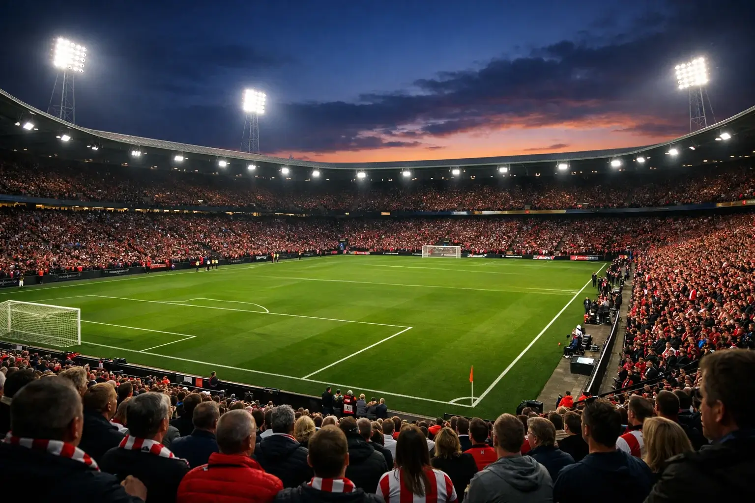 Voetbalveld met felle stadionverlichting tijdens een Europese avondwedstrijd in een Nederlands stadion
